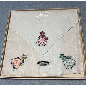 Vintage Ladies Handkerchief Set Box Embroidered Dancing Figures Bow Accent Fines